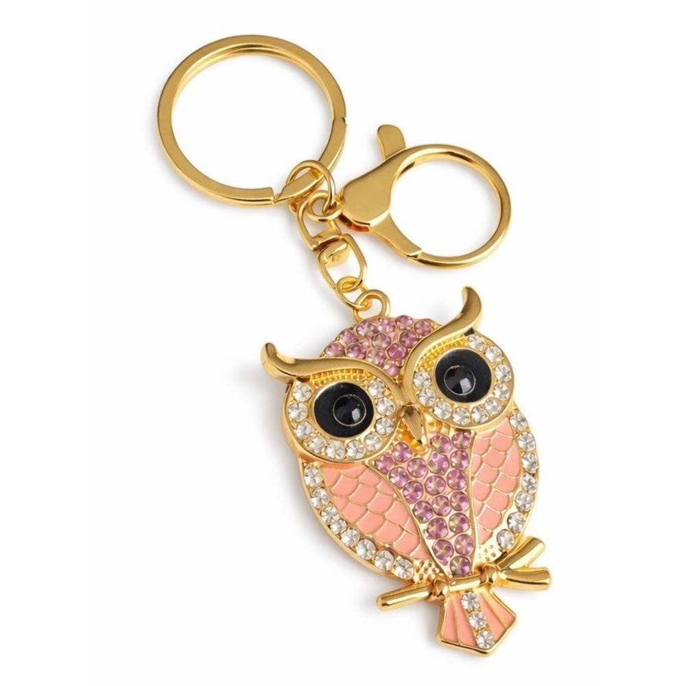 Gold Tone Pink Rhinestone Owl Keychain Bag Purse Charm Backpack Sparkle 4.25"